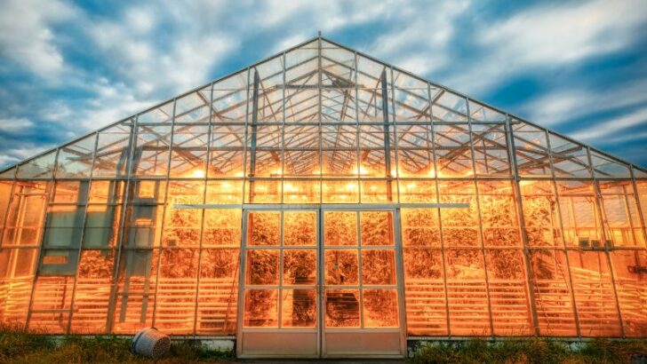 Geothermal Greenhouse at dusk, lights , blue sky,clouds