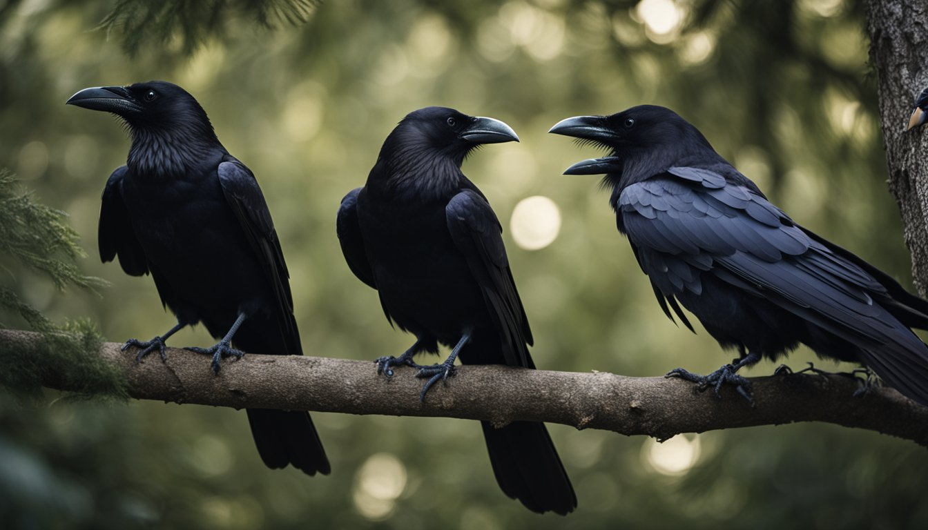 3 ravens on a tree branch