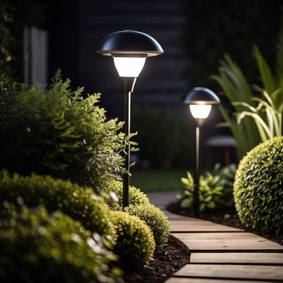 A backyard with various types of solar outdoor lights illuminating the space