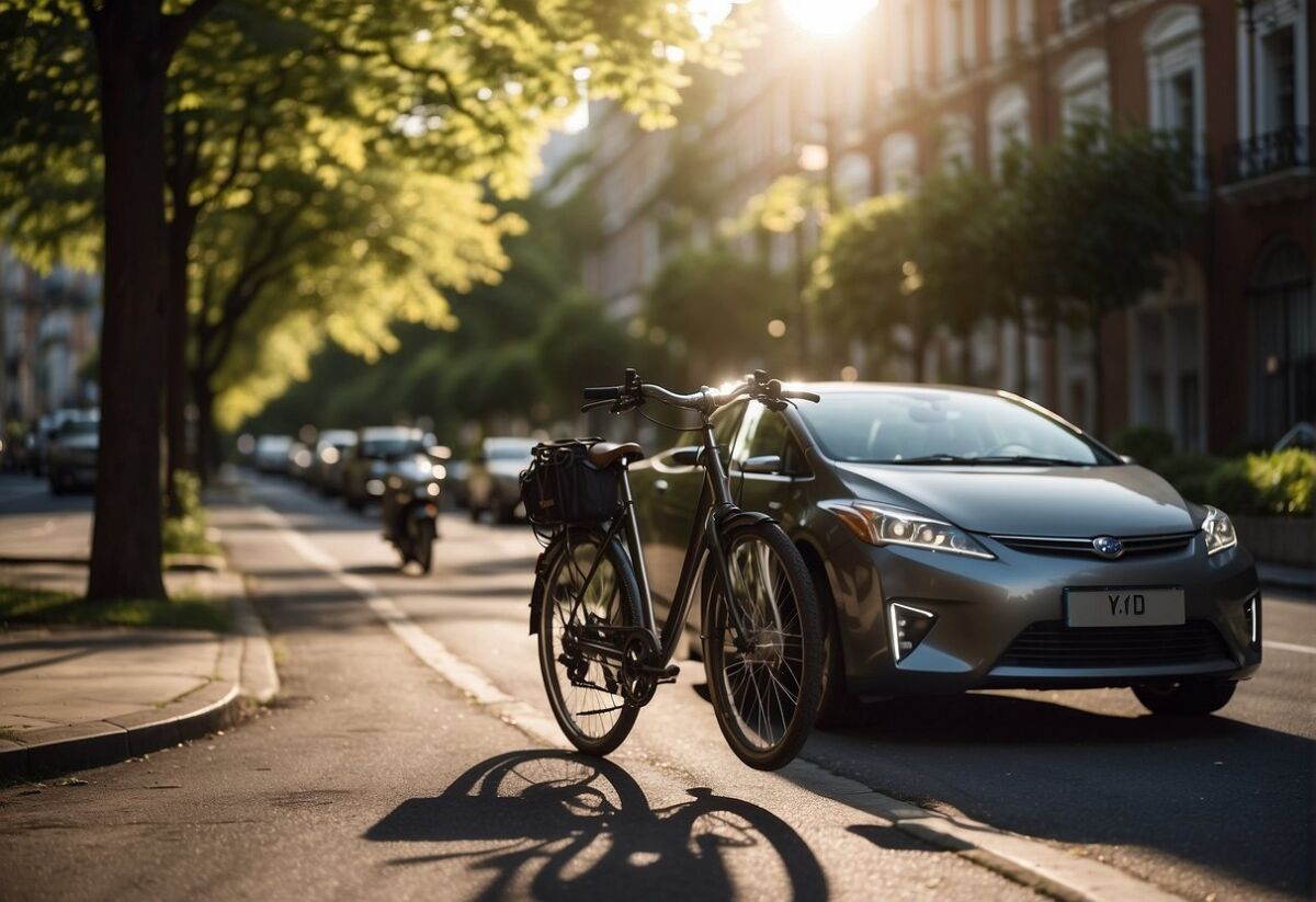 A bicycle parked next to a solar-powered electric car 