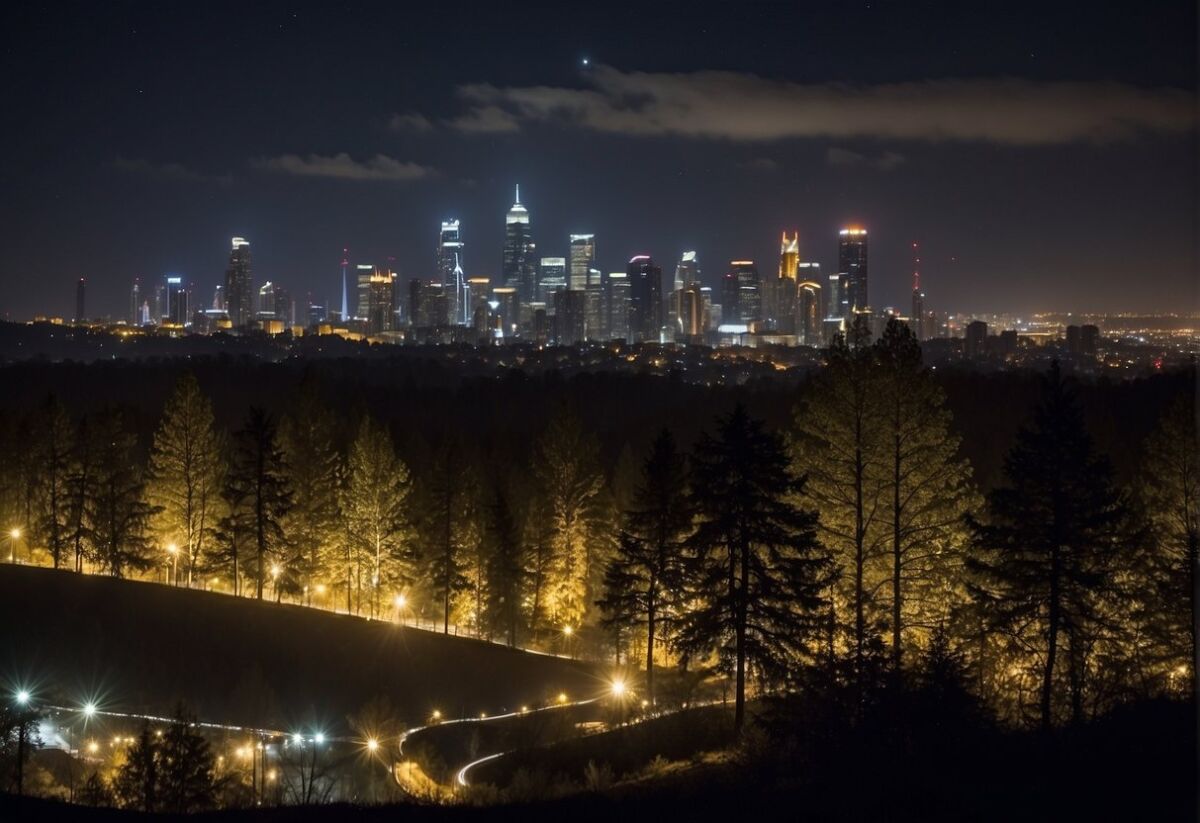 A city skyline with bright lights shining upward, causing light pollution. Nearby, a group of trees and wildlife are affected by the excessive illumination