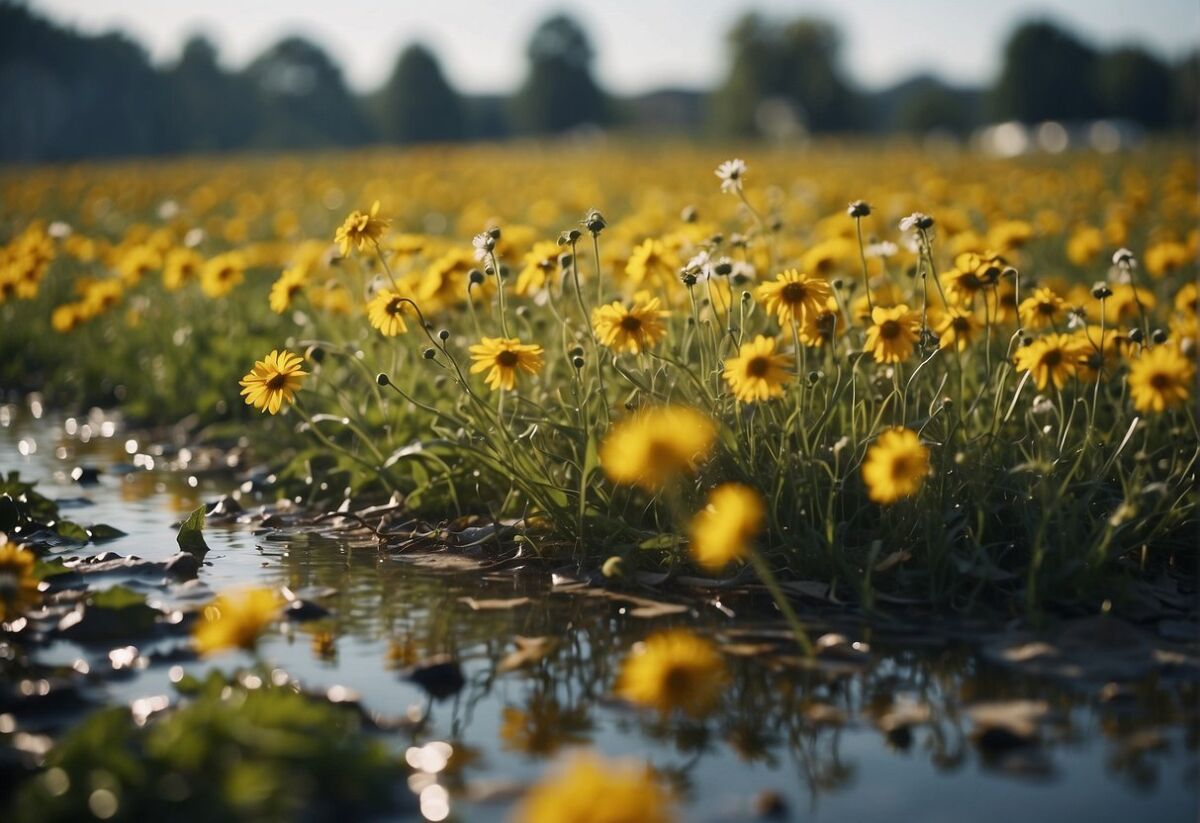 A field of wilting flowers surrounded by pesticide containers and polluted water sources