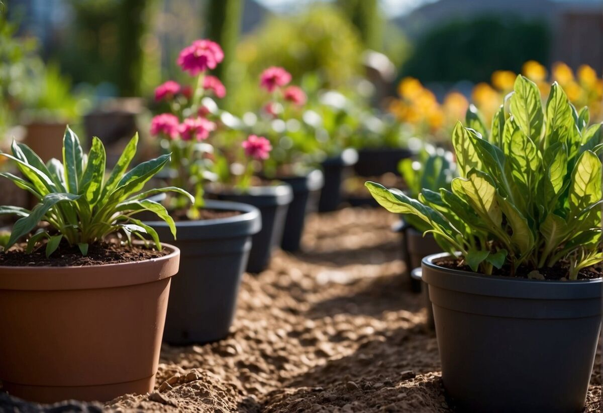 A garden with drip irrigation, rain barrels, and mulch to conserve water. Plants are thriving with minimal water usage