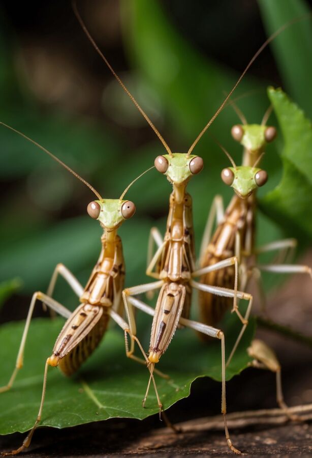 A group of praying mantis with more than two eyes, perched on a leafy branch