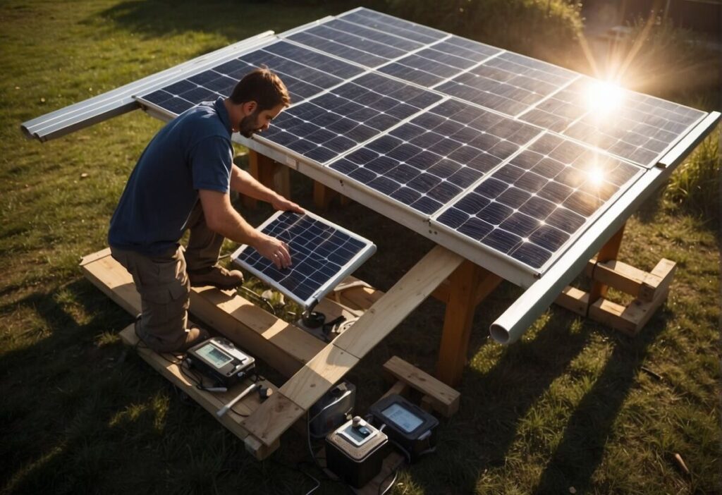 A person assembling solar panels with tools and materials 