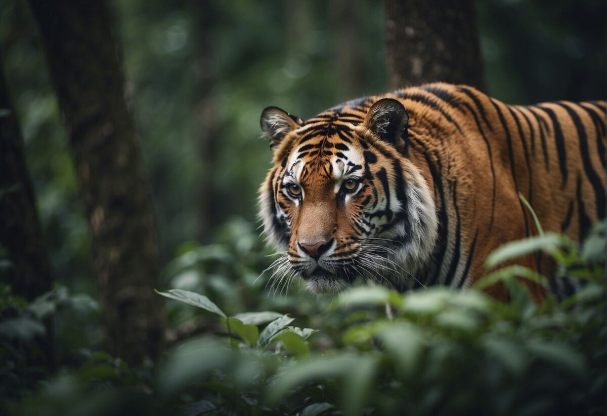 A majestic tiger prowls through lush Indian forest, surrounded by thriving wildlife and protected by conservation efforts