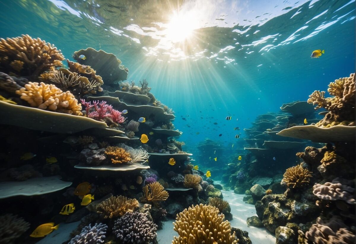 A vibrant coral reef teeming with diverse marine life, surrounded by clear blue waters