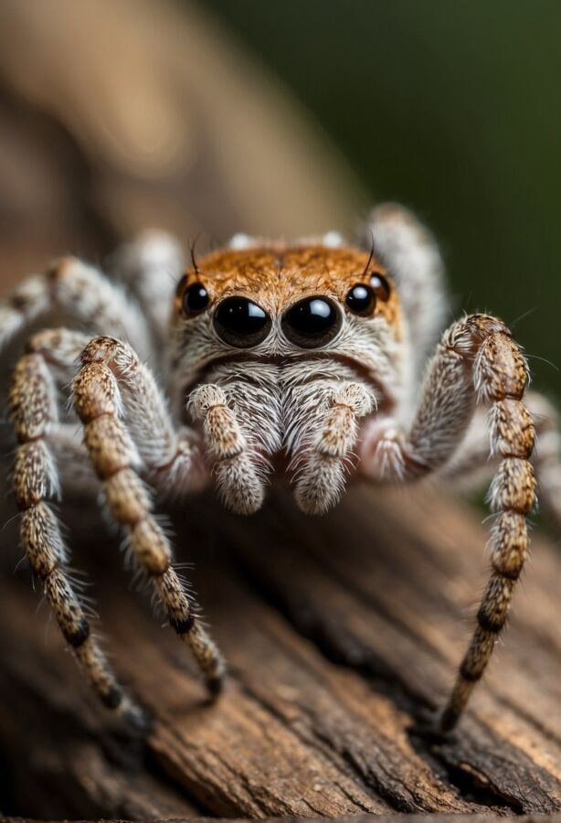 An ogre-faced spider crouches on a branch, its multiple eyes scanning the surroundings with a predatory gaze