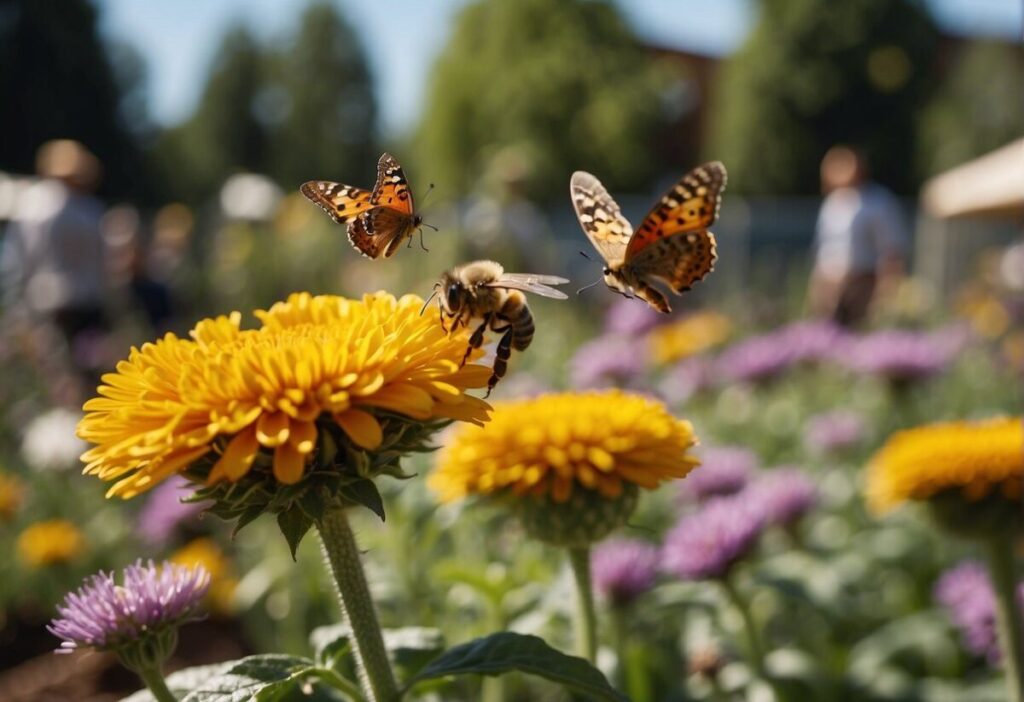 Bees and butterflies buzzing around colorful flower