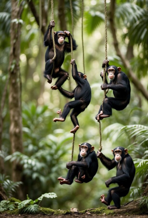 Group of chimpanzees swinging in the lush forest