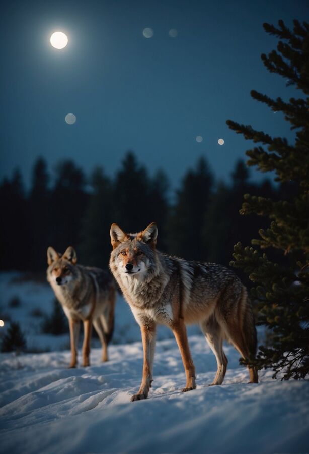 Two Coyotes in winter at dusk watching at the camera