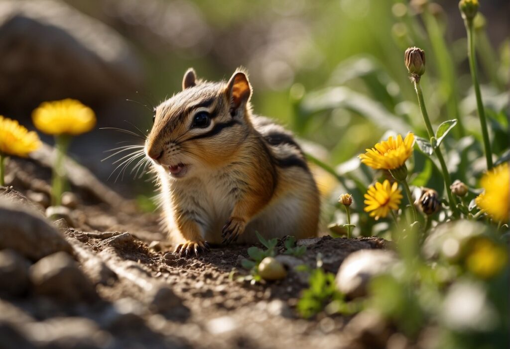 Cute chipmunk with yellow flowers in background