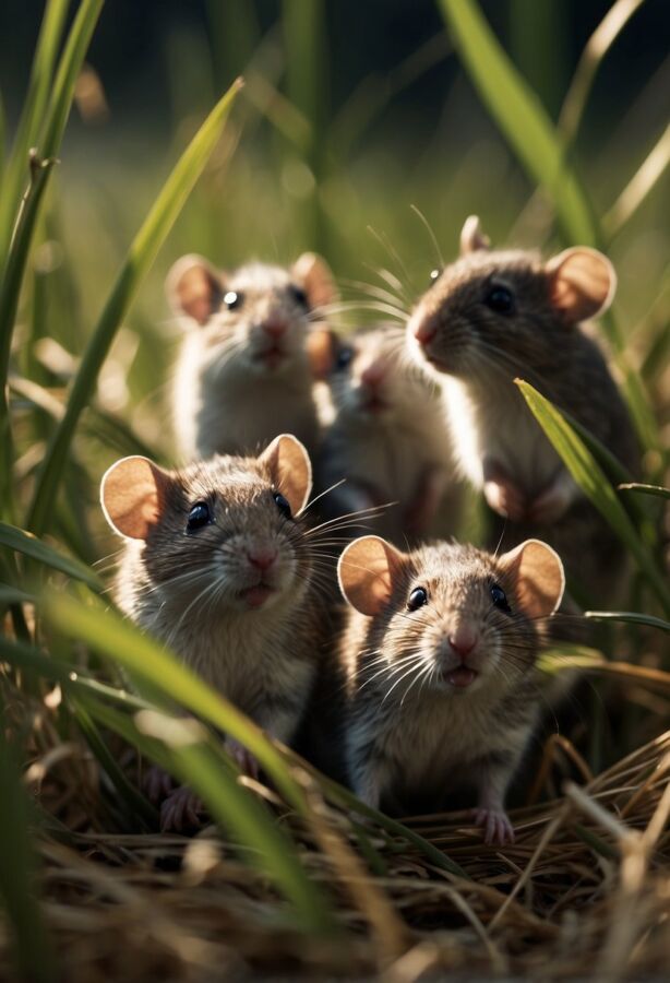 Group of mice scurrying in the fields