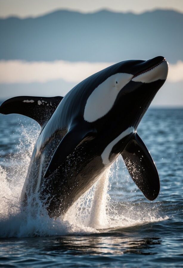 Killer whale gasping for air in the ocean