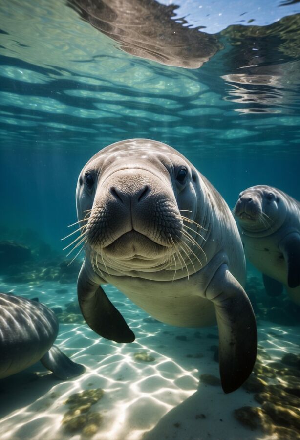 Manatee up close and swimming with fellow manatees underwater