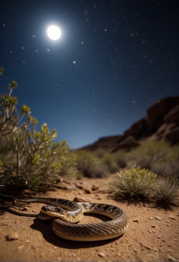 Night snake on the ground under a full moon