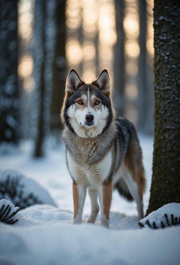 Northern Inuit dog in snow filled forest