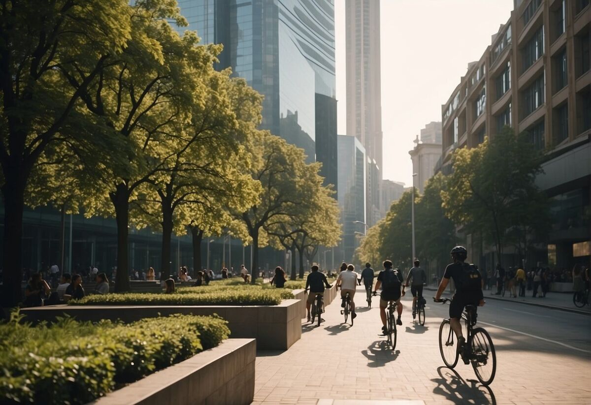 Cityscape with green spaces, buildings, and modern architecture. People walking and cycling in the midst of urban development