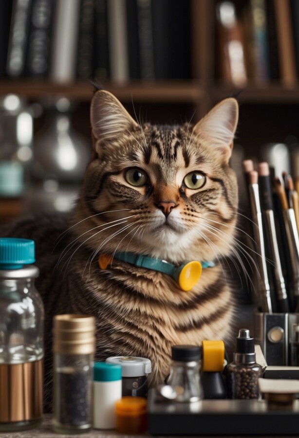 artistic tabby cat among paintbrushes