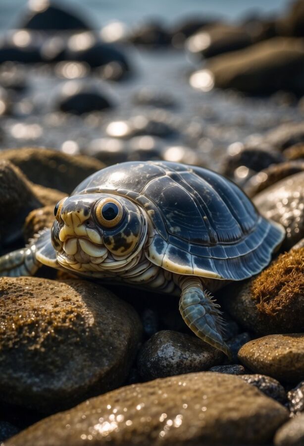 chiton animals with more than 2 eyes crawl on a rocky shore