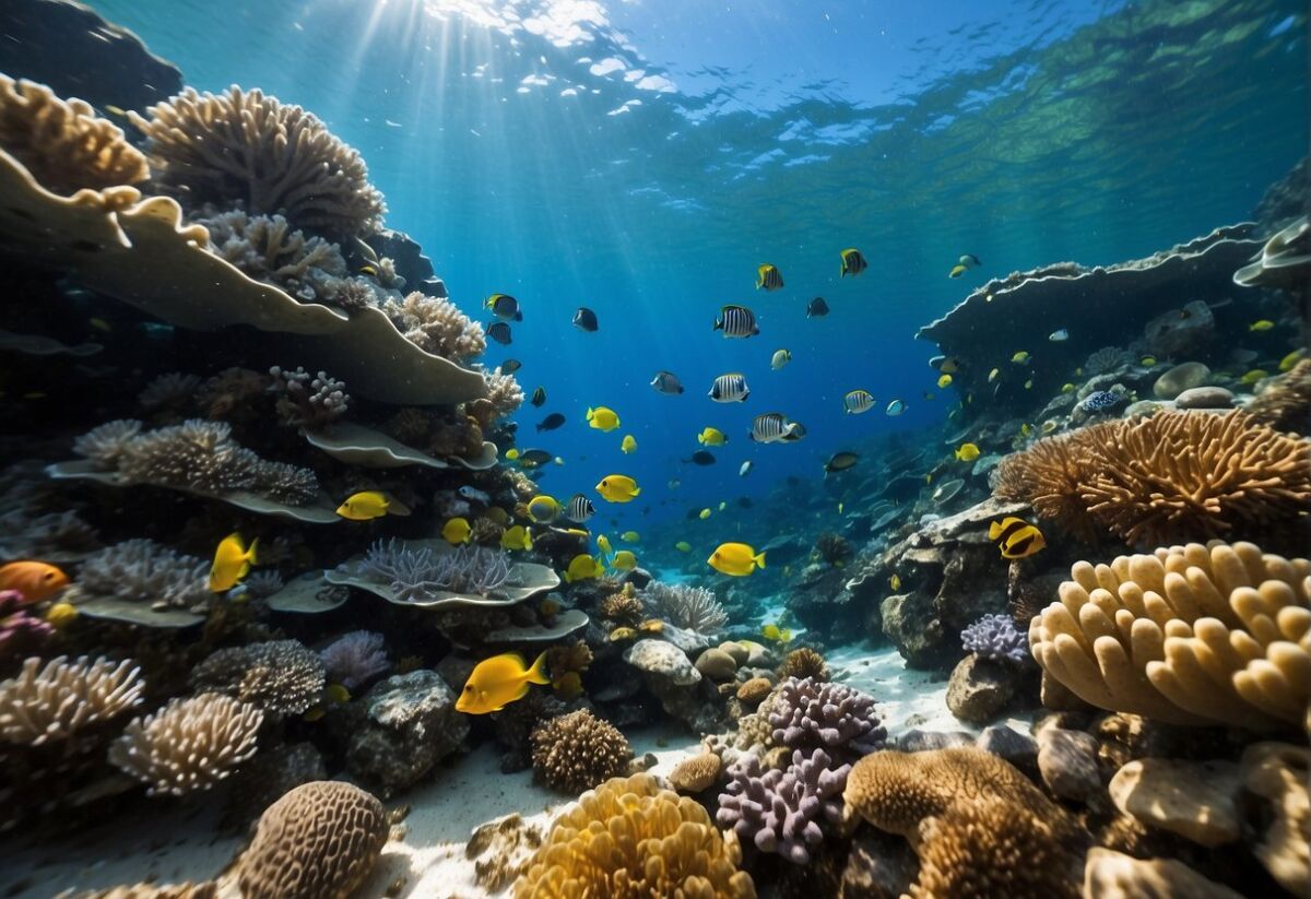 A vibrant coral reef teeming with diverse marine life