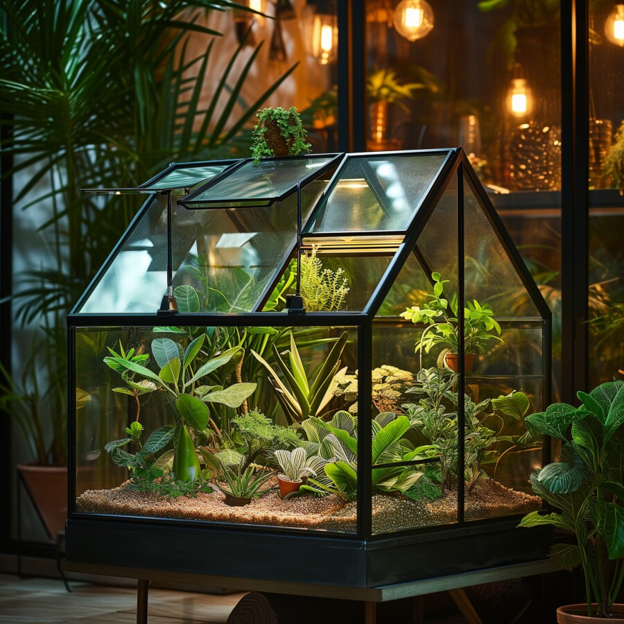 Modern Mini All Glass Greenhouse with Plants Growing Under Lights