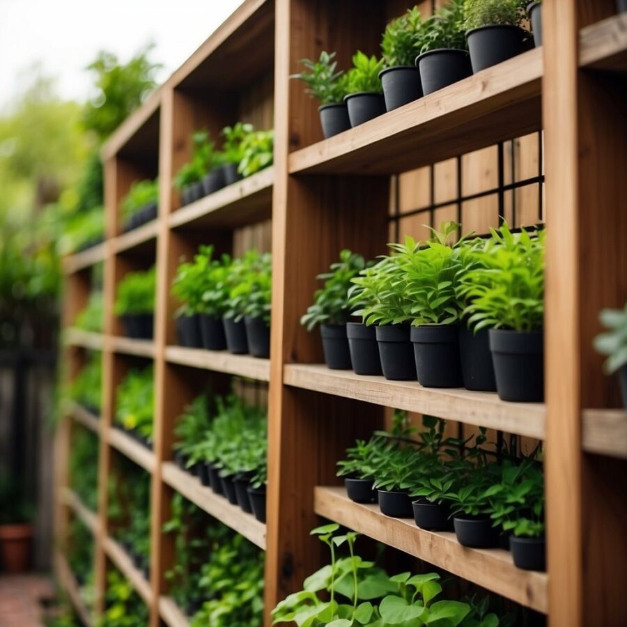 Lush green plants grow vertically on a wooden trellis, hanging pots, and wall-mounted shelves