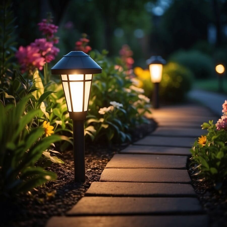 A solar outdoor light illuminates a garden path at night