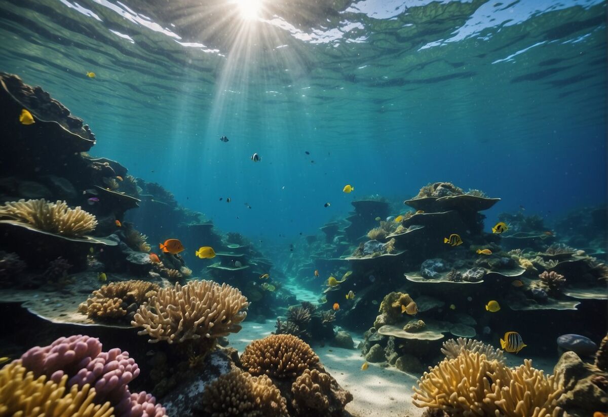 A diverse underwater ecosystem with vibrant coral reefs and a variety of fish swimming freely in clear, unpolluted waters