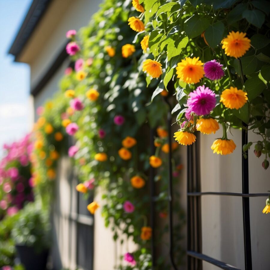 Lush green vines climb up a trellis, while colorful flowers bloom in hanging pots 